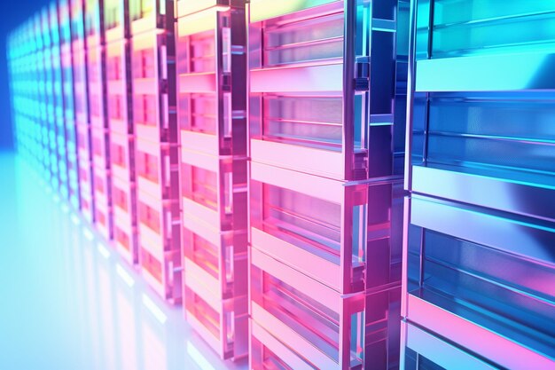 Photo colorful row of hosting server racks in blue pink