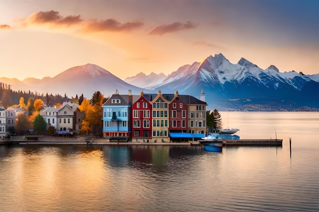 A colorful row of houses by the lake with mountains in the background.