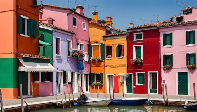 a colorful row of houses with boats in front of them