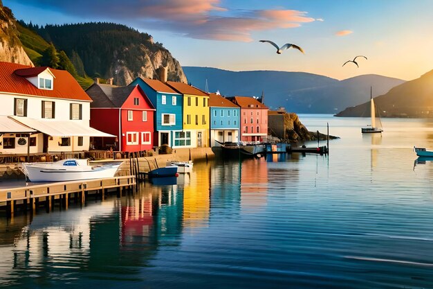 A colorful row of houses with seagulls flying over the water.