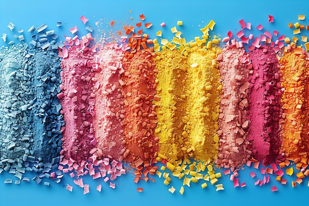 A colorful row of small colored powders that are scattered