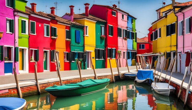 a colorful rowboat is docked next to a colorful house with a row of boats