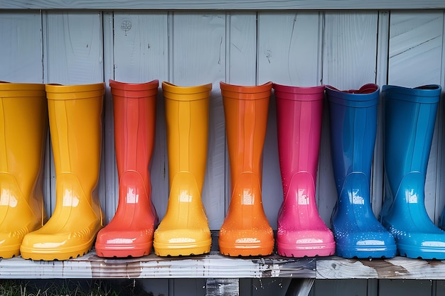 Photo colorful rubber boots in a row in the rain close up