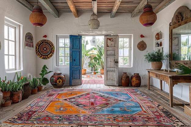 A colorful rug with a blue door in the background