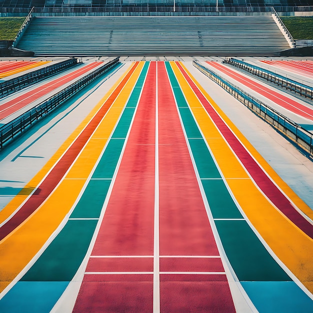 Photo colorful running tracks leading up to stadium bleachers