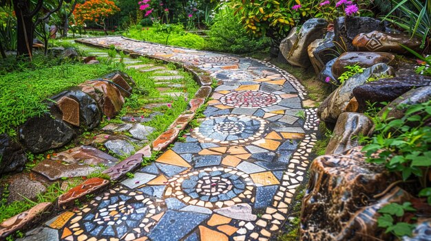 Photo colorful rustic mosaic pathway in garden