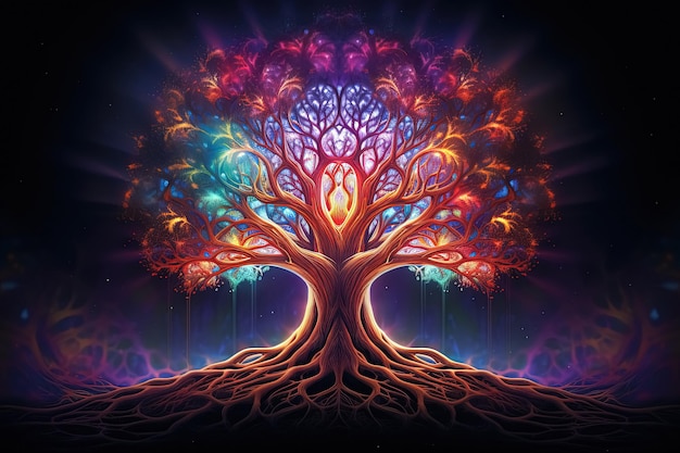 Colorful sacred spiritual Tree of Life fantasy background Cycle of life mythological magic symbol