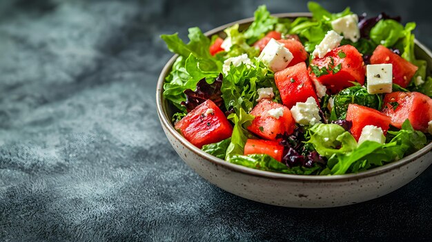 Photo a colorful salad bowl overflowing with juicy watermelon crisp greens and creamy feta cheese delight