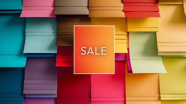 Photo colorful sale sign on vibrant memo papers promotions and advertisements