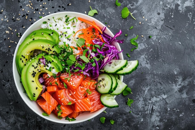 Colorful salmon poke bowl with avocado veggies and rice