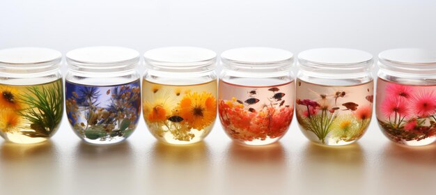 Colorful samples of aquatic plants and organisms grown in laboratory daylit environment