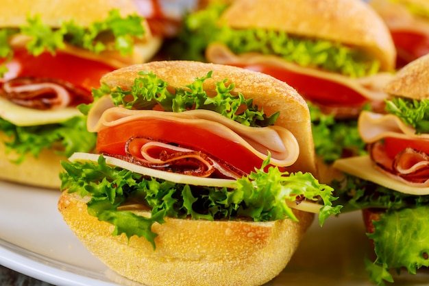 Photo colorful sandwiches on white plate on wooden background close up