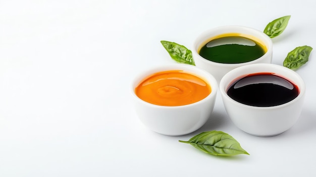 Colorful sauces in white bowls with fresh green leaves perfect for enhancing culinary dishes and presentations