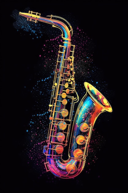 A colorful saxophone is painted on a black background.