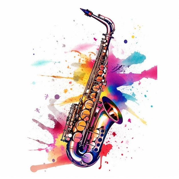 A colorful saxophone with a splattered background generative ai