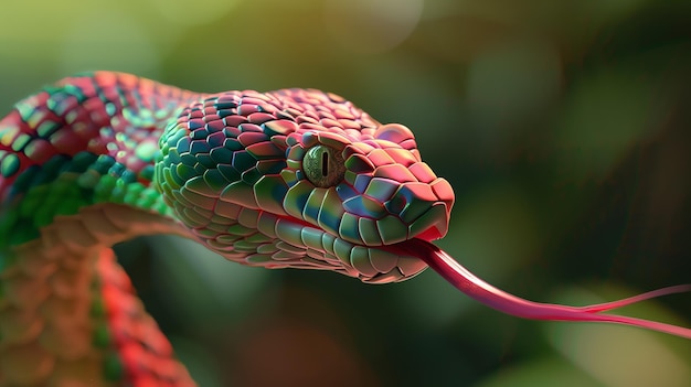 Colorful scaled reptile with tongue out among insects and plants