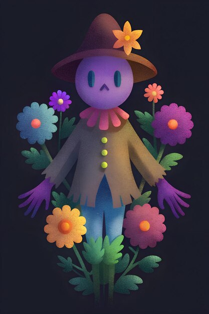 Photo colorful scarecrow surrounded by vibrant flowers in a whimsical garden at twilight