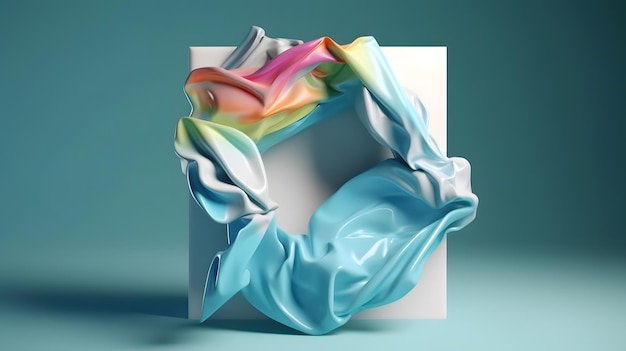 A colorful scarf is rolled up in a circle on a blue background.