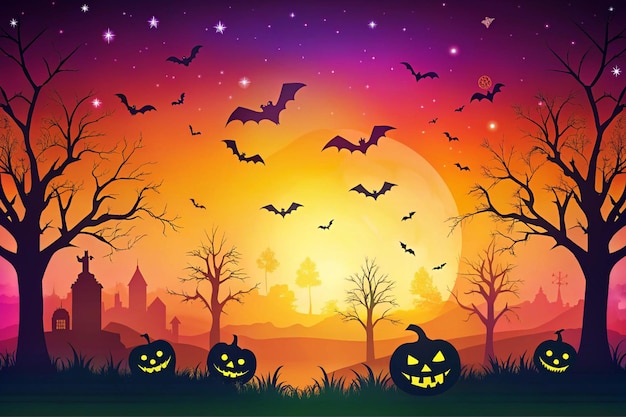 a colorful scene with bats and a cemetery with the words halloween on it