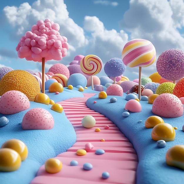 Photo a colorful scene with a blue pink and yellow candy covered in candy