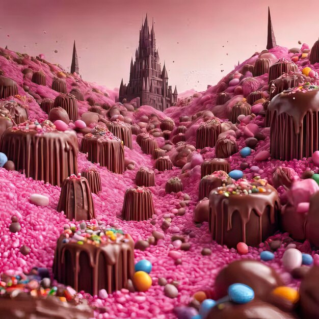 Photo a colorful scene with a castle and a castle made of chocolate and sprinkles