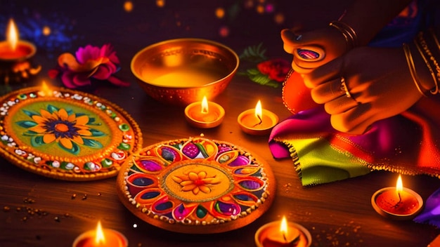 a colorful scene with a person and some candles and a colorful background