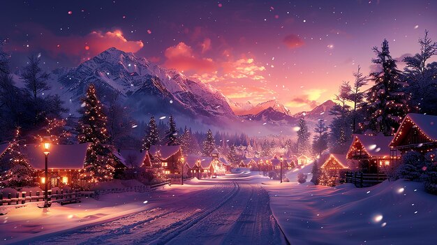 a colorful scene with a snowy mountain and a purple sky