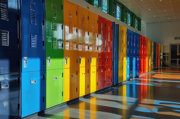 Colorful school lockers lined up against a tiled hallway wall