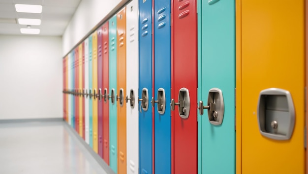 Photo colorful school lockers lined up in a hallway setting