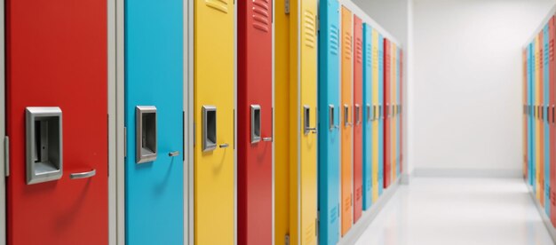 Photo colorful school lockers lined up in a hallway setting