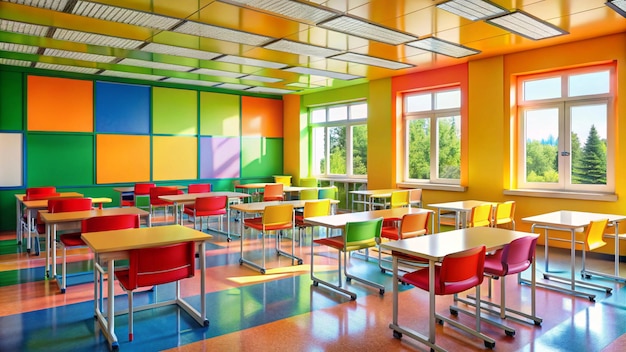 a colorful school room with tables and chairs with different colors