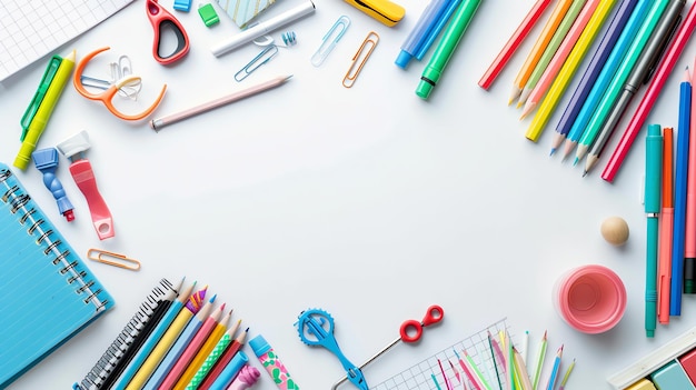 Colorful school supplies arranged around a white background