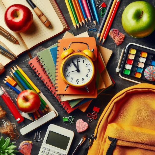 Colorful school supplies arranged table Generated ai