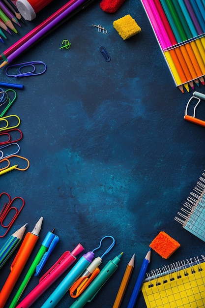 Photo colorful school supplies arrangement on dark blue background for back to school preparation