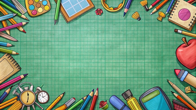 Colorful School Supplies Frame on Green Grid Paper