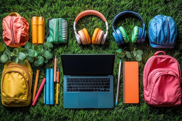 Photo colorful school supplies laptop and headphones on grass surface perfect backtoschool setup