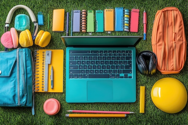 Photo colorful school supplies laptop and headphones on grass surface perfect backtoschool setup