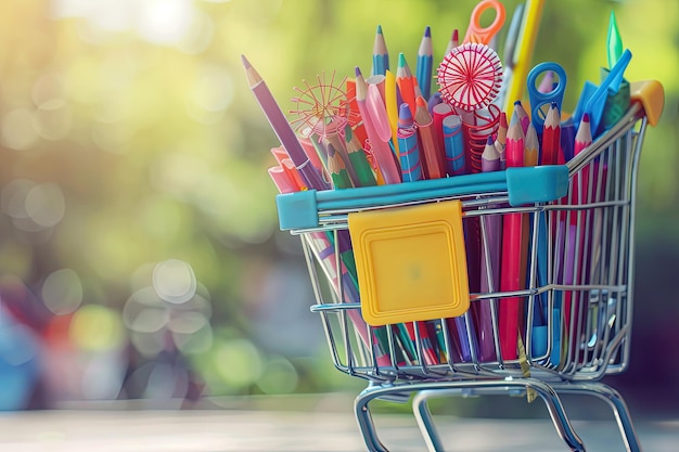 Colorful school supplies in shopping cart