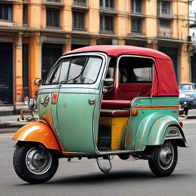 a colorful scooter with a red cover is driving down the street