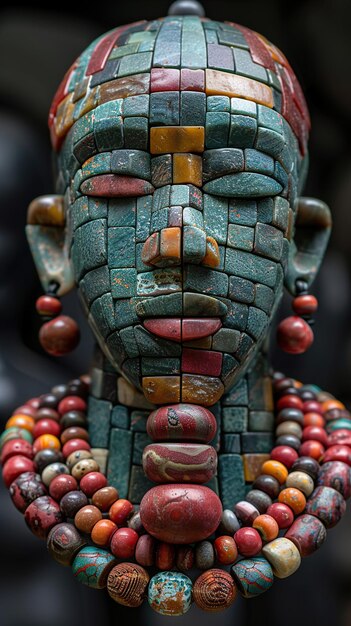 a colorful sculpture of a man with a red necklace and beads