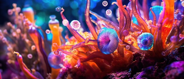 A colorful sea anemone with a blue background and a bottle of liquid in the background.