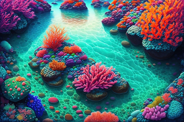 Colorful sea background with rocky bottom boulders algae and corals