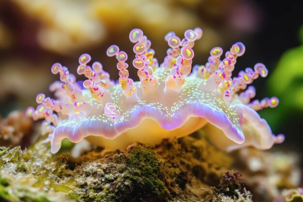 Photo colorful sea creature with bubbles resting on coral reef