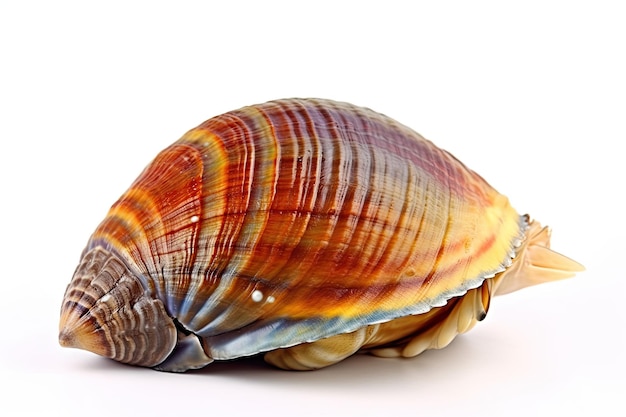 A colorful sea shell with a white background