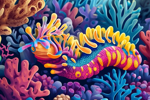 Photo a colorful sea slug with a bright pink yellow and blue body rests amongst a vibrant coral ree