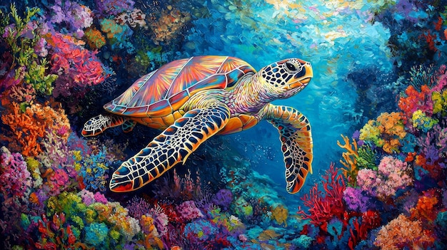 Colorful Sea Turtle Swimming Over Coral Reef Watercolor Painting