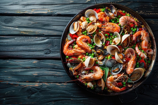 Colorful Seafood Paella Dish with Shellfish on a Dark Wooden Table