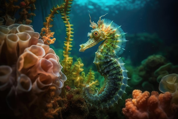 Colorful seahorse in coral sea generative IA