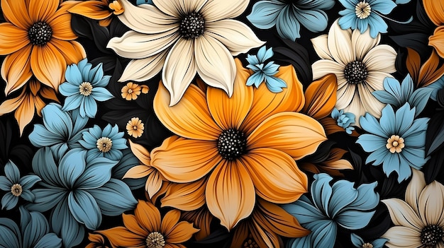 Colorful Seamless Botanic Pattern Detailed Flowers Illustration