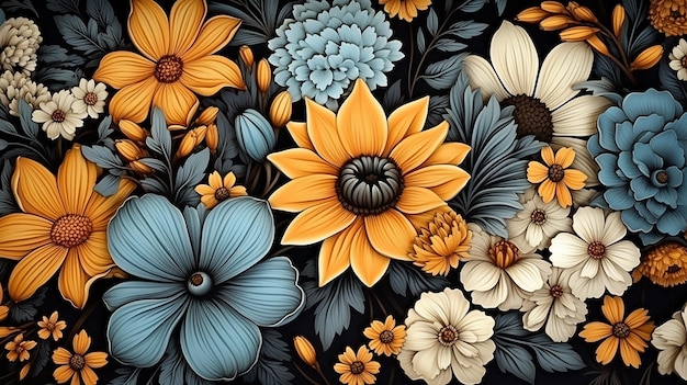 Colorful Seamless Botanic Pattern Detailed Flowers Illustration